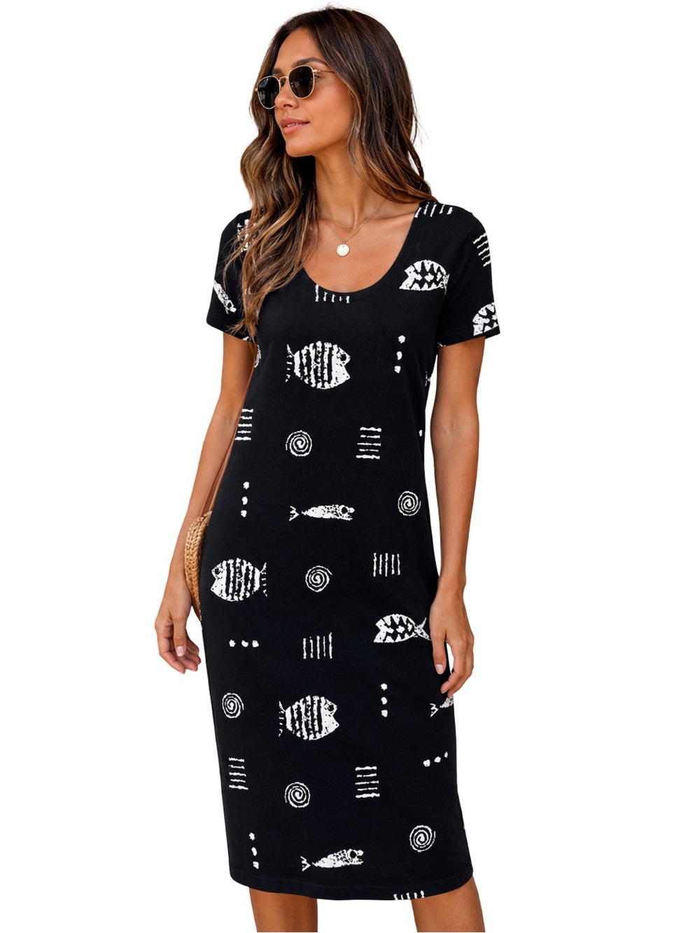 VTG 90’s M. Mac Black Fish Print Midi Dress  Coastal Art Resort comfy abstract S